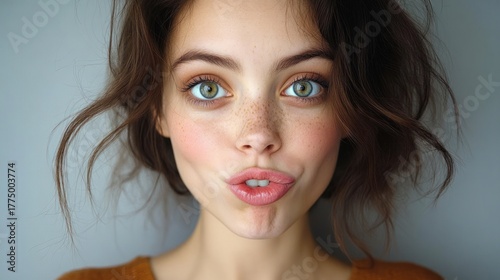 Close-up portrait of a young woman with freckles, green eyes, and tousled brown hair making a playful face with pursed lips against a plain background