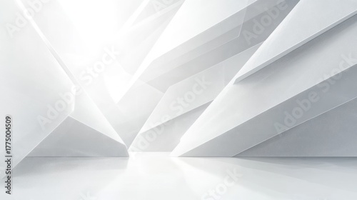 Abstract white geometric architectural space with sharp angular shapes and bright light creating a futuristic and minimalistic atmosphere