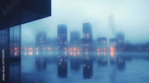 Fototapeta Naklejka Na Ścianę i Meble -  foggy cityscape with illuminated modern skyscrapers reflecting on calm water during twilight, evoking a serene and mysterious atmosphere