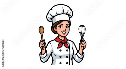A cheerful female chef holding a wooden spoon and a whisk with a friendly smile showcasing baking