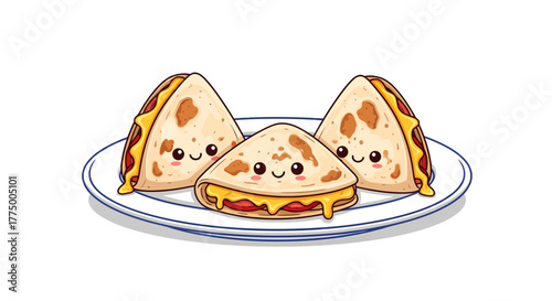 Adorable cartoon quesadillas with cheesy smiles on a plate perfect for a playful illustration