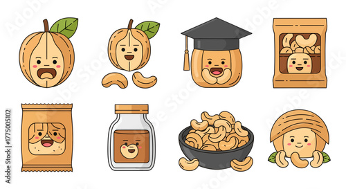 Adorable cashew character collection with diverse representations in vector format