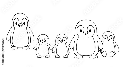 Adorable penguin family illustration, line art for coloring books and educational materials, cute