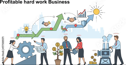 Profitable teamwork and business growth concept showing people working hard, growing money, innovation, and success with rising graph and sunlight