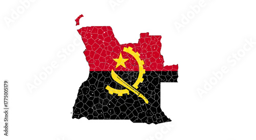 Angola's territorial shape featuring symbolic flag colors and polygonal pattern overlay