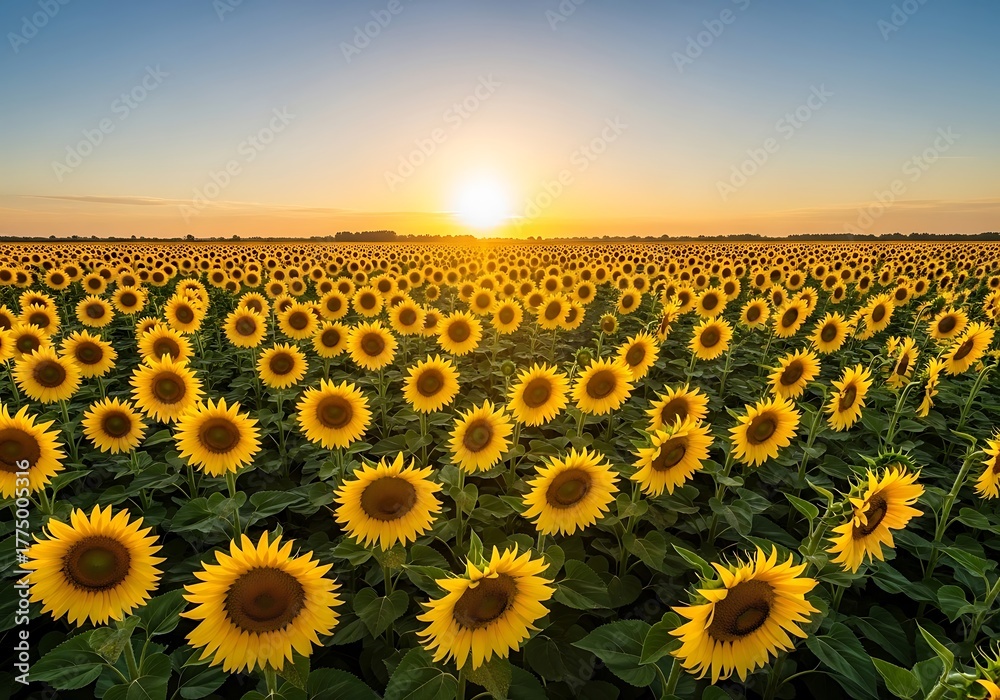 Fototapeta premium Expansive sunflower field basks in the golden light of the setting sun under a tranquil blue sky horizon