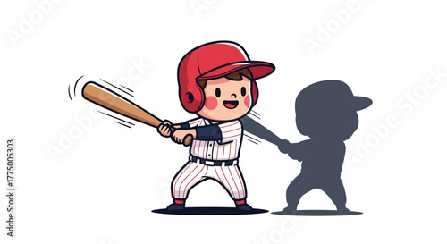 Cartoon baseball player swinging bat, playful innocence with future aspiration illustrated