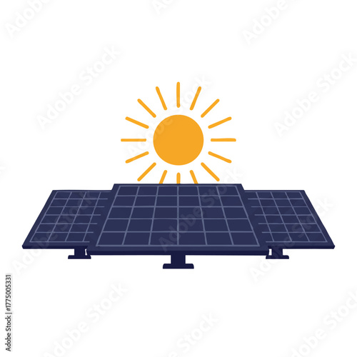 Photovoltaic solar panels are capturing sunlight to generate sustainable, clean energy in this clean 2D flat vector illustration, symbolizing renewable resources and environmental technology.