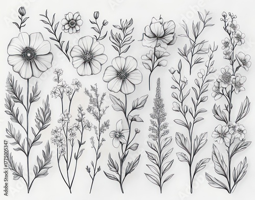 Detailed black and white pencil sketches of various flowers and leaves arranged in rows against a white background showcasing natural botanical forms