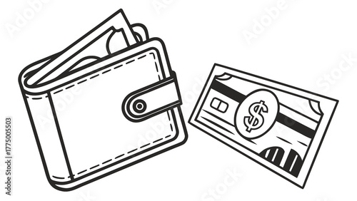 Illustration of a wallet with money sticking out and a dollar bill next to it in black and white style