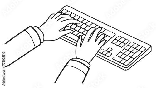 Hands typing on a computer keyboard with sleeves visible in a black and white line drawing style image