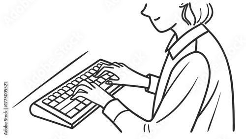 Person typing on a keyboard with hands visible in a line drawing style, focused on work activity shown