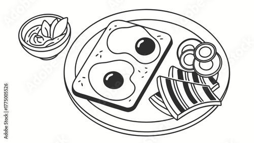 Illustration of a breakfast plate with eggs on toast bacon onion rings and a bowl of sauce nearby
