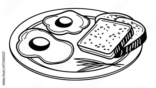 Illustration of a breakfast plate with two fried eggs and two slices of toast on a white background