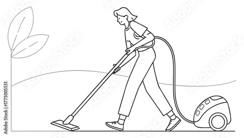 Woman vacuuming the floor with a canister vacuum cleaner in a minimalist line art illustration style