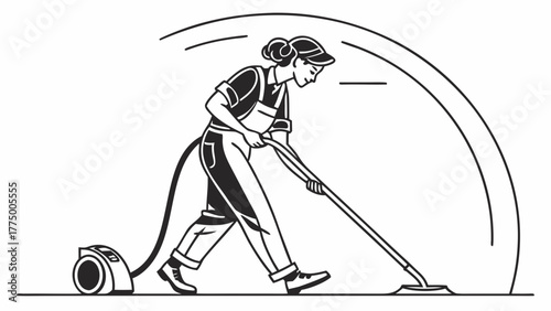 Woman in overalls cleaning with a vacuum cleaner with a curved line above her head in black and white