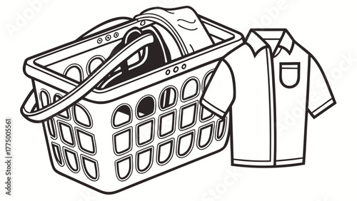 Illustration of a laundry basket filled with clothes and a shirt next to it in black and white style