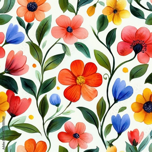 colorful watercolor seamless pattern of vibrant flowers and green leaves on white background evoking cheerful and natural springtime feel