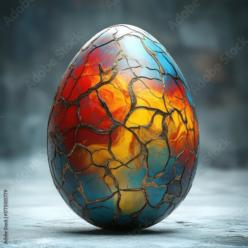 An intricately painted egg featuring vibrant blue, red, and yellow colors with a crackled pattern resembling glowing molten lava veins, evoking a sense of wonder and mystery