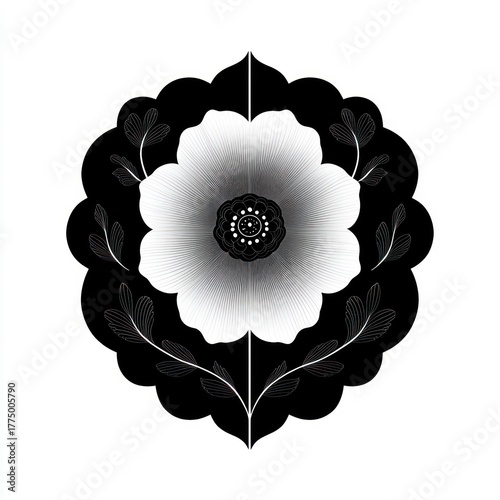 Black and white symmetrical floral design with central large flower and delicate leaves on scalloped background