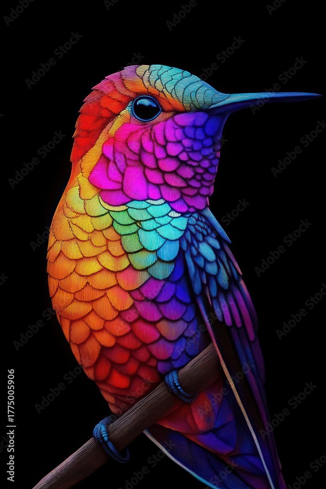 Fototapeta premium Close-up of a vibrantly colored hummingbird with detailed, iridescent feathers perched on a small branch against a black background