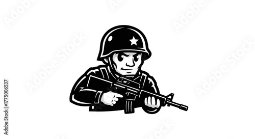 Monochromatic illustration of a determined soldier aiming his rifle with focused intensity