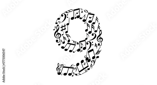 Musical composition of the number nine with an artistic design of musical notes