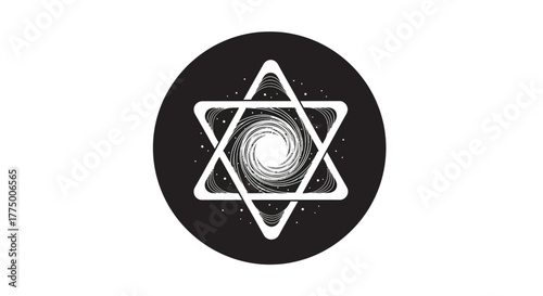 Mystical six-pointed star emblem with cosmic spiral design, radiating enigmatic energy and