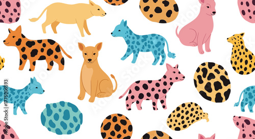 Playful pet pattern: whimsical dogs and spotted shapes creating a lively design colorful