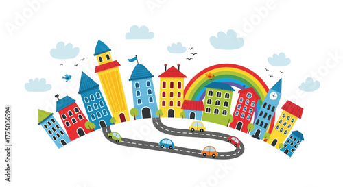 Playful cityscape illustration with colorful buildings road and rainbow arching across the sky