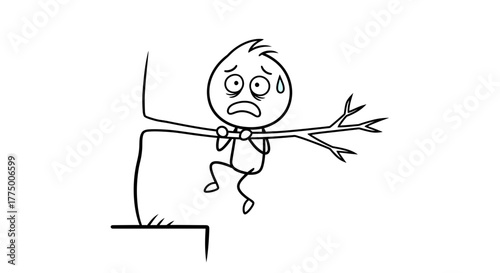 Precarious Perch: Stick Figure Cartoon Character Clinging to Branch in Desperation