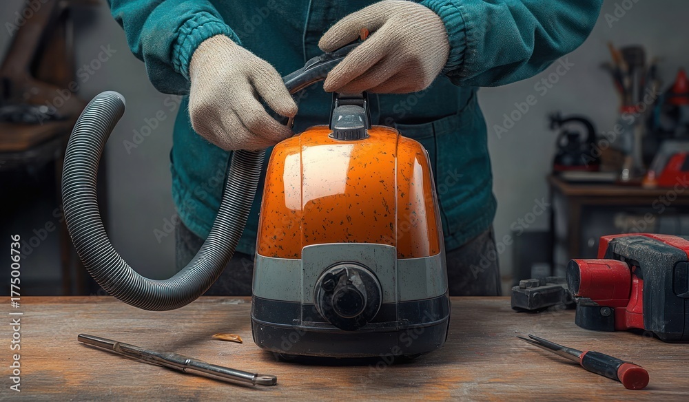 Fototapeta premium Person wearing work gloves assembling or repairing an orange and gray vacuum cleaner on a wooden workbench surrounded by tools in a workshop