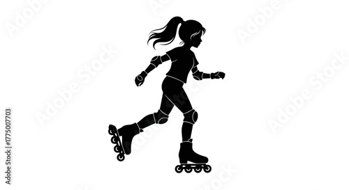 Silhouette of a young woman rollerblading in a dynamic pose on a white background