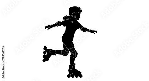 Silhouette of a young woman roller skating with protective gear on a white background