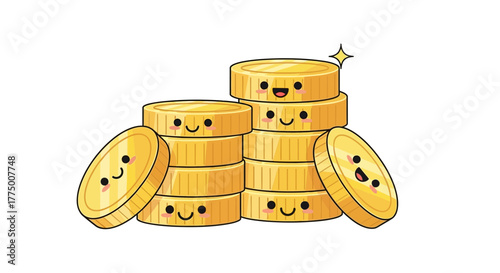 Smiling stacks of cheerful golden coins, a playful illustration for financial concepts
