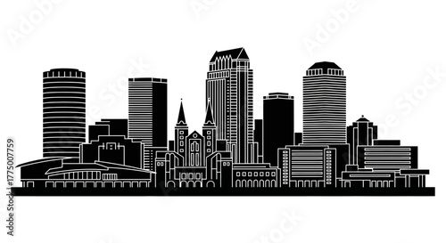 Striking black and white skyline illustration showcasing modern cityscape design for creative
