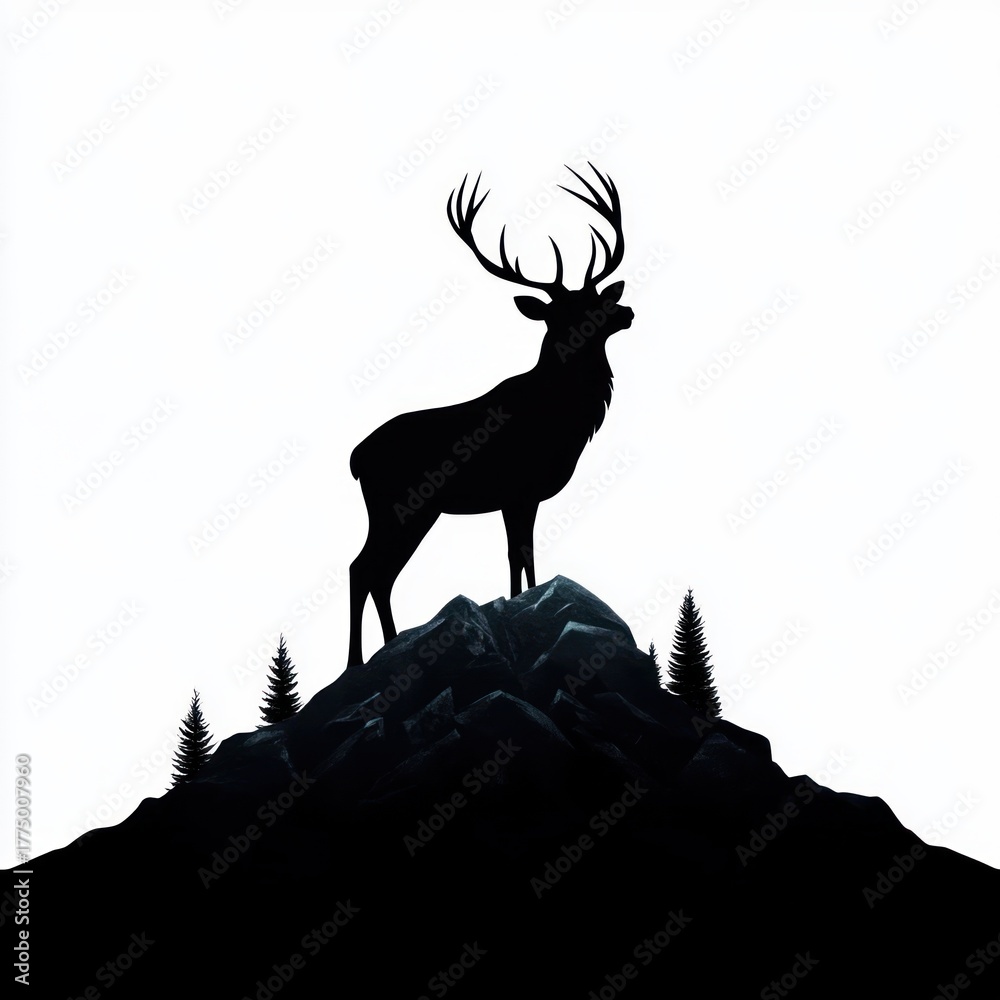 Naklejka premium silhouette of a majestic deer with large antlers standing on a rocky hilltop surrounded by pine trees against a white background