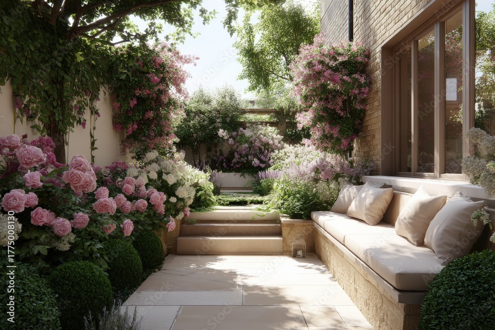 Fototapeta premium Elegant Garden Patio with Lush Pink Roses and Comfortable Seating, Inviting Outdoor Space