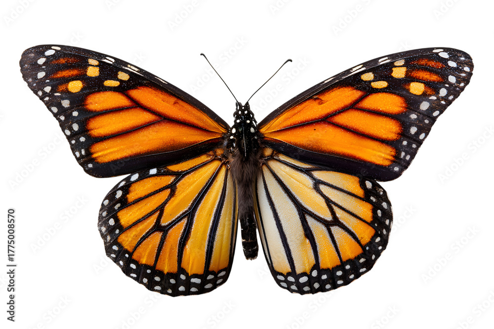 Fototapeta premium Vibrant monarch butterfly with intricate wing patterns on black background
