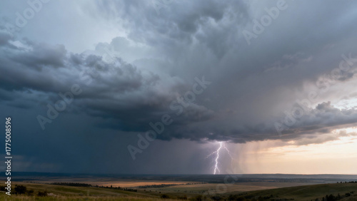 Dark storm clouds gathering before a storm with distant lightning over a wide landscape. travel magazines, destination branding, designed for outdoor magazines and nature guides.