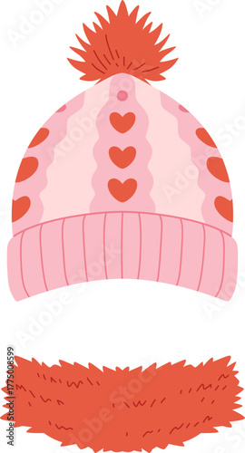 Pink And Red Winter Knit Pom Pom Hat Illustration