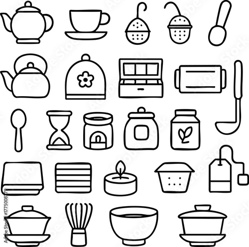 Collection of Tea Accessories Line Art Icons.