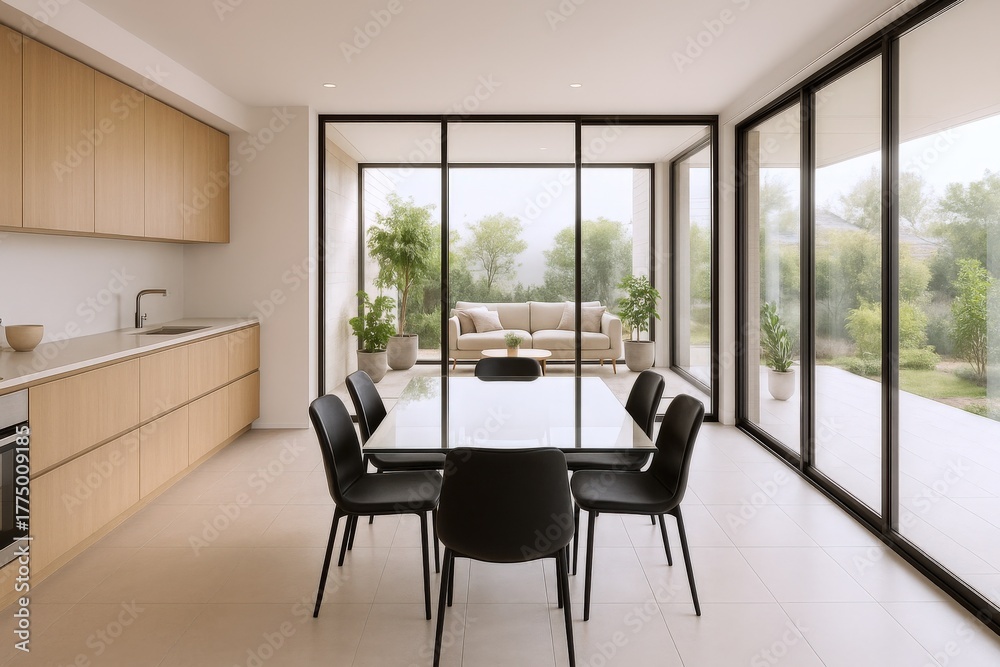 Fototapeta premium Bright modern interior dining area, natural light, open concept kitchen and living room