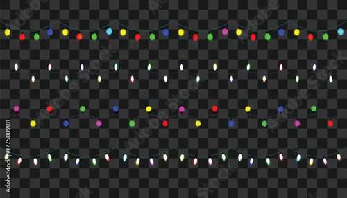 Decorative colorful festive string lights pattern on checkered background