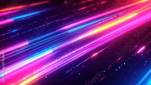 Colorful neon light streaks in vibrant shades of pink, blue, orange, and yellow creating a dynamic futuristic digital effect with glowing particles on a dark background