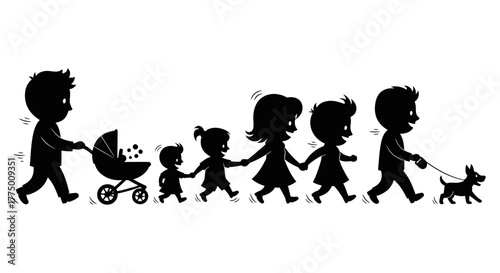 Stylized silhouette illustration of a family walking with a stroller and a dog in simple graphic