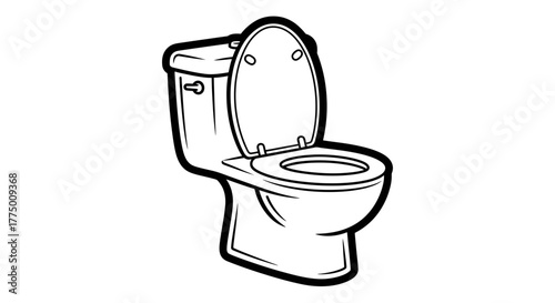 Stylized toilet illustration in monochrome, with an open lid design and detailed line art that is