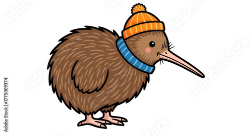 Stylized kiwi bird cartoon character wearing a warm winter hat and a cute scarf