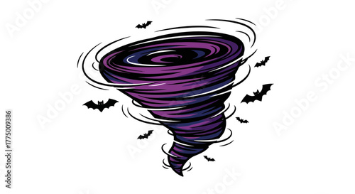 Stylized whirlwind illustration with flying bats adding a spooky and eerie atmosphere