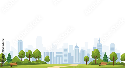 Stylized urban park scene with cityscape background offering a serene escape